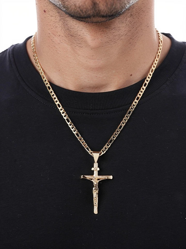 Collar Crucifijo de Oro para Hombre, Chapado en Oro Pesado 14k, Cadena Figaro de 4mm Foto 3 de 4