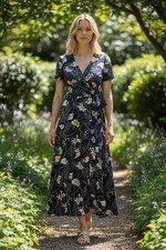 Leith Navy Floral Wrap Midi Dress V-Neck Short Flutter Sleeves Tie Ruffle