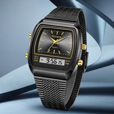 Men Watch Quartz LED Digital Stainless Steel 3ATM Waterproof Black Wristwatch