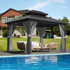 10x12ft Hardtop Gazebo Outdoor Aluminum Alloy Frame, Net and Curtain Gary