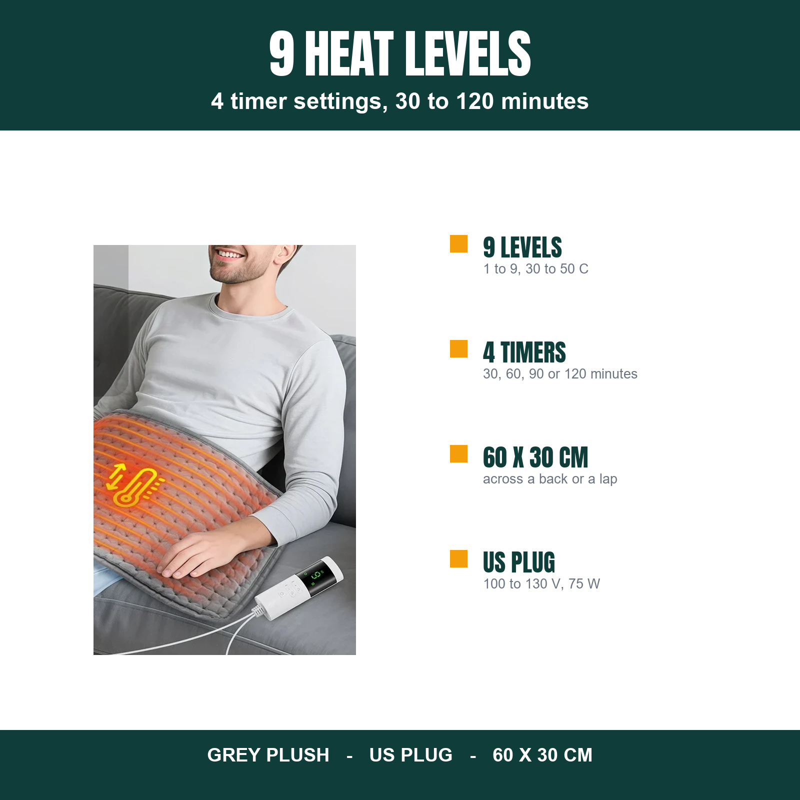 Electric Heating Pad 60x30cm 9 Heat Levels Timer Washable US Plug | eBay