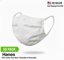50 Hanes 100 Cotton Fabric Reusable Face Mask Washable Comfortable Masks WHITE
