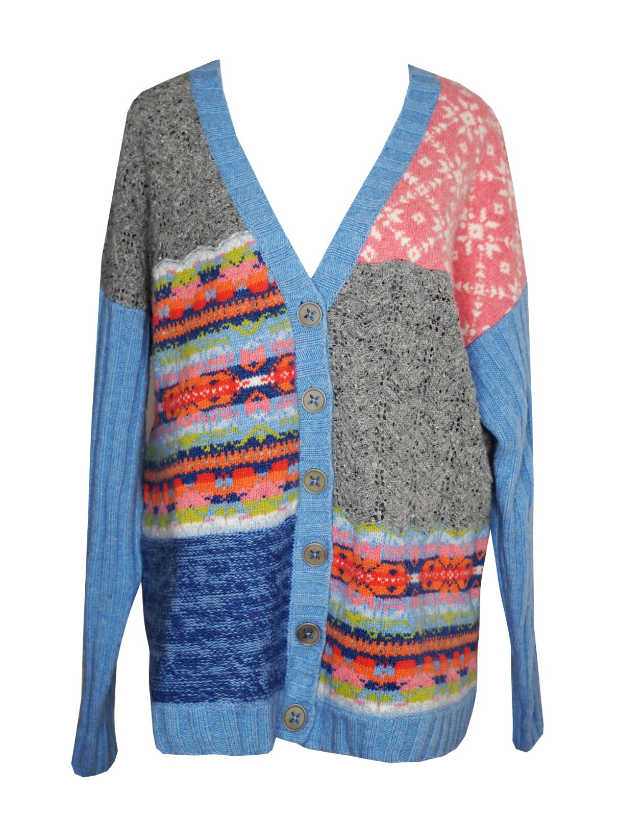 SUNDANCE M Cardigan Sweater Blue Mixed Print Patc… - image 1