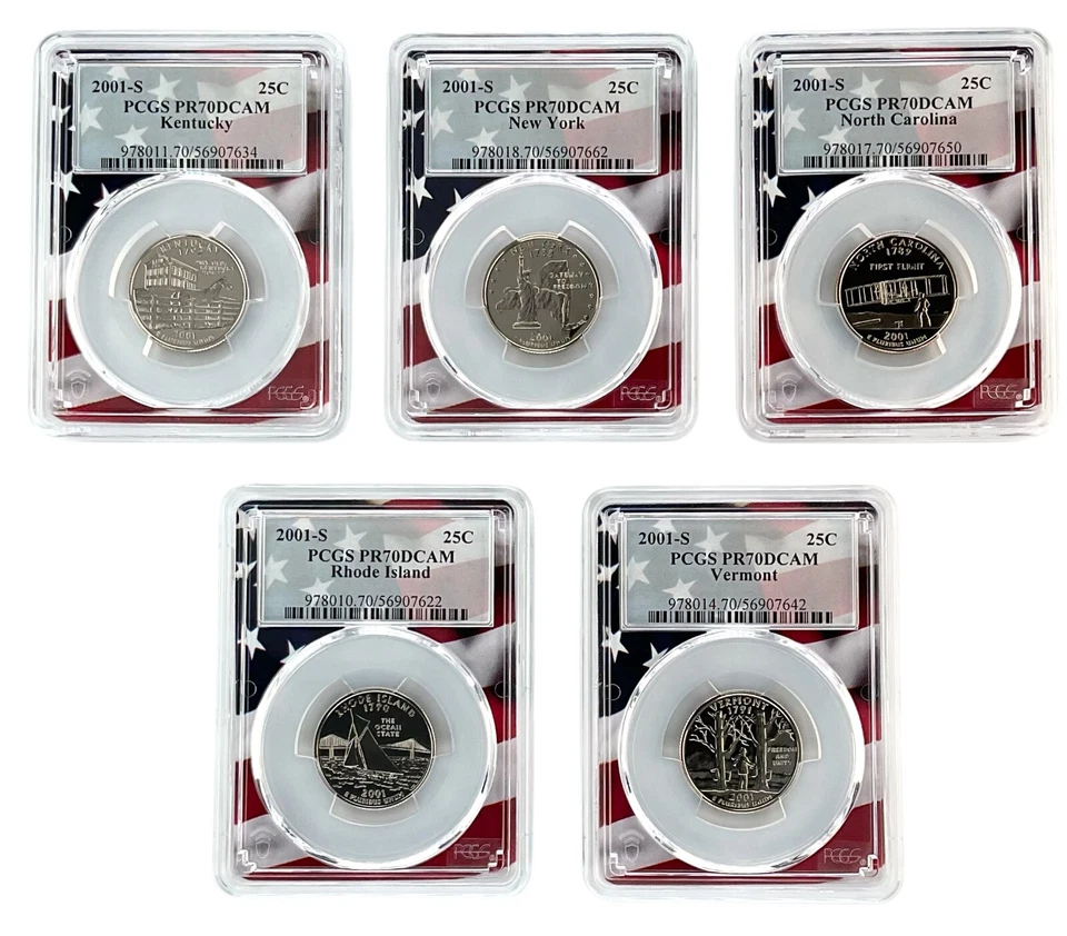 2001 S Clad Quarter 5 Coin Set PCGS PR70 Ultra Cameo - Flag Frame w/Case - Image 2 of 3