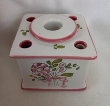 Vintage PIERRE DEUX Ceramic Hand Painted Pink /Green Floral INKWELL & Pen Holder