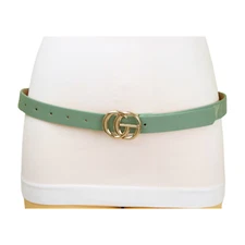 Women Light Mint Green Color Faux Leather Narrow Band Belt Gold Metal Buckle M L