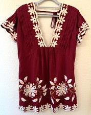 ANTHROPOLOGIE Pintuck Plunge Embroidered Red Wine Mini Dress Cover XSmall *FLAW*