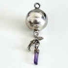 Vintage 925 Sterling Silver Ringing Bell Ball Dolphin Amethyst Dangle Pendant