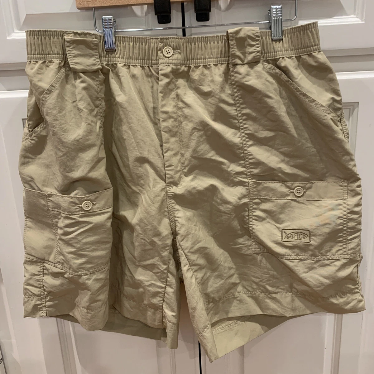 AFTCO Men 40 Fishing Shorts 7-Pocket Nylon Elastic Waistband khaki