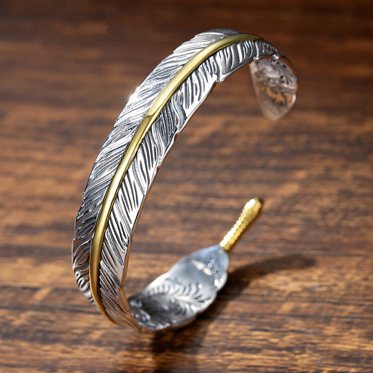 Men's Silver Feather Adjustable Bangle Cuff Bracelet Fashion Retro Jewelry  Gift