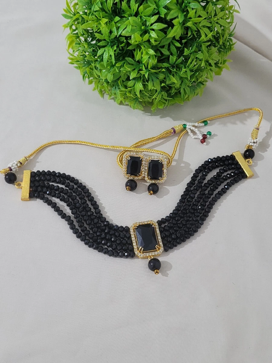 Beautiful Indian Pakistani AD Black Choker Necklace Set Bridal Or Partywear