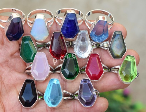 10 PCs. Lot Ruby Amethyst Mix Coffin Shape Gemstone 925 Silver Plated Rings PK10 - Picture 2 of 5