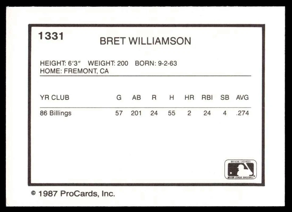 1987 ProCards Bret Williamson Tampa Tarpons #1331 - Image 2 of 2