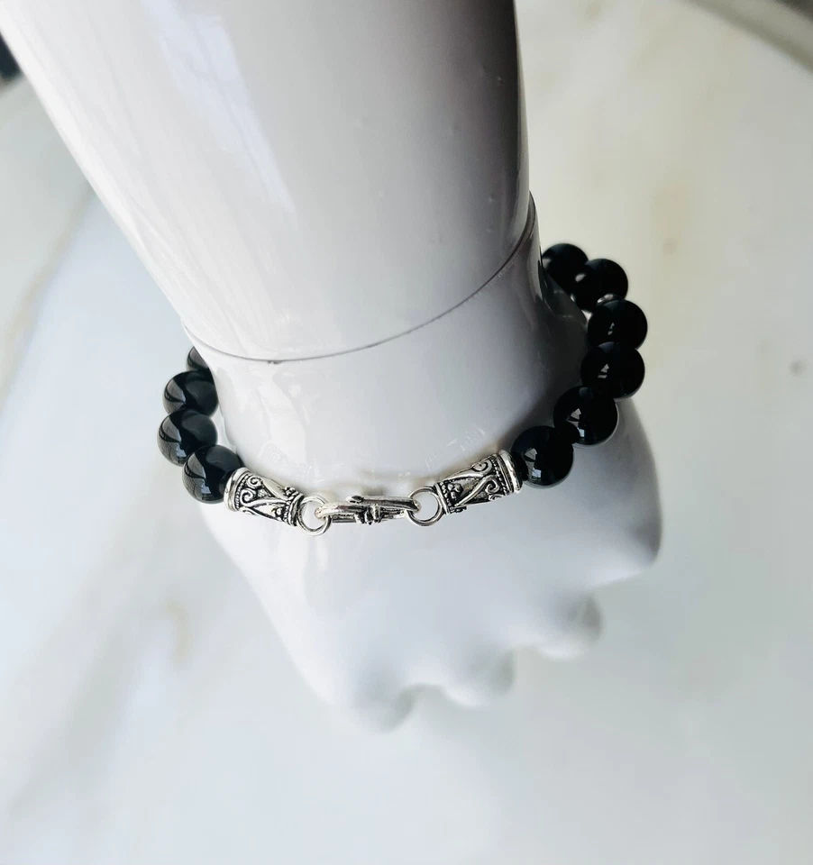 Black Polished Agate Natural Stone (8mm)   Tibetan Silver Bracelet - Image 4 of 4
