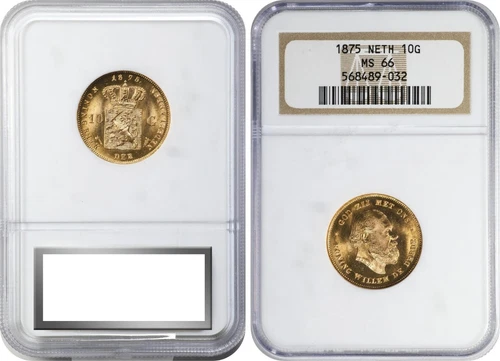NETHERLANDS , GOLD 10 GULDEN 1875 - NGC MS 66 , RARE1