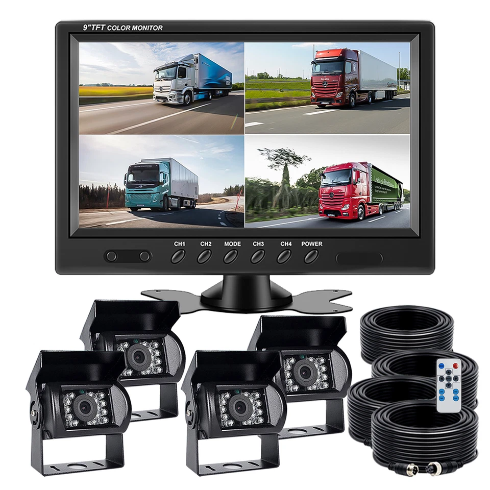 9" Quad Monitor 800*480 4PIN CCD Backup Camera for Truck Bus Trailer Caravan RV - Image 3 of 4