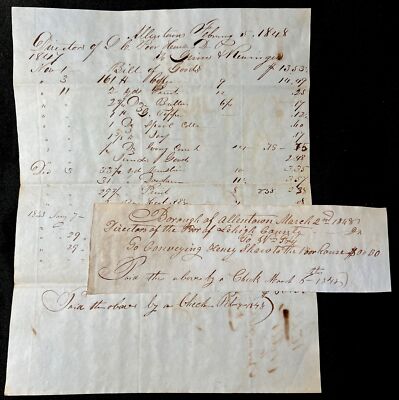 2 antique 1848 POOR HOUSE Bill of Goods ALLENTOWN PA Hand Written Documents