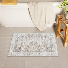 Boho Small Bath Mat, Distressed Farmhouse Light Khaki Bath Rugs, Comfy Velvet