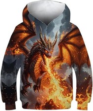 Unisex Fire Dragon Hoodie 3D Gothic Pullover Sweatshirt Fantasy Streetwear
