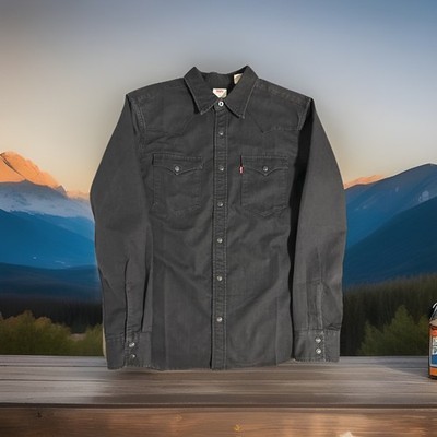 Levi s Barstow Black Denim Shirt MEDIUM Black Pearl Snap Western Cowboy Rip NICE
