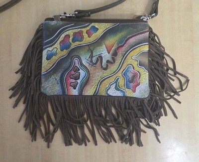 Biacci Painted Leather Crossbody Bag Purse  Floral 8 x 6  With Fringe 