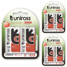 Image of 6 x Uniross D  3000mAh Rechargeable Batteries Ni-MH - LR20 HR20 AM-1 MN1300