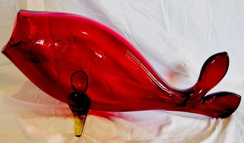 Vintage Blenko glass 971 L Fish vase in “deep” Tangerine! HTF!! 19”