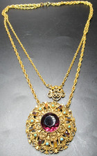 FLORENZA Purple & Blue Rhinestone Medallion Vintage Necklace