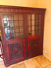 Carved Wood Brown Display Cabinet 4 Glass Doors Freestanding Living Room