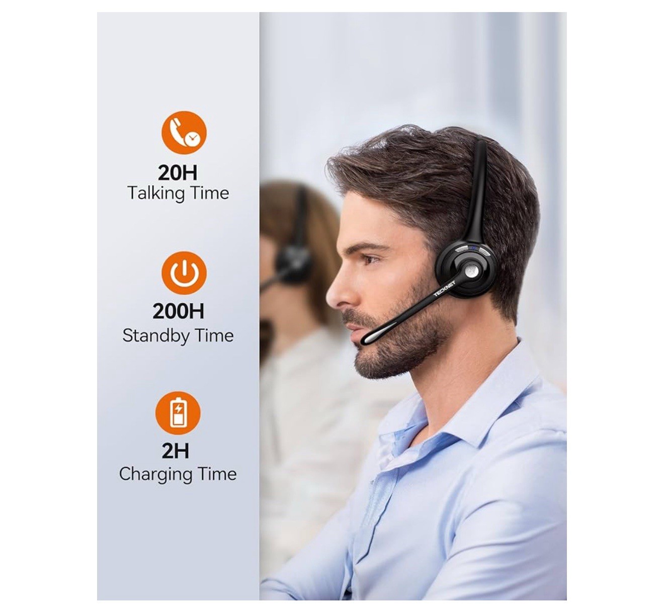 TECKNET Bluetooth Headset, Wireless Headset with Noise Canceling Microphone