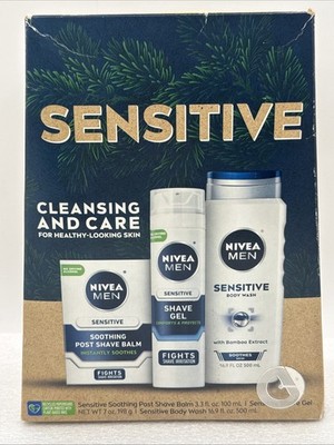 Nivea Men Sensitive 3 Piece Set Full Sizes Post Shave Balm, Shave Gel, Body Wash