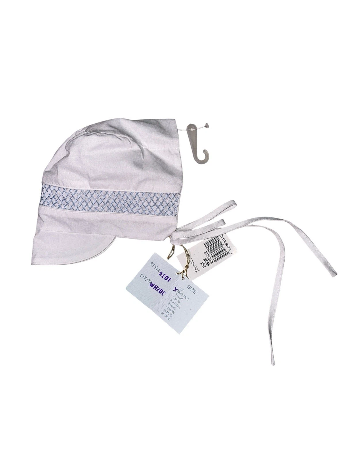 NWT Feltman Brothers Bros White Blue Smocked Baby Bonnet Newborn 0 3 M Boys Hat