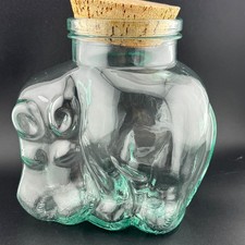 Italian Glass Hippo Jar with Wide Cork 7in Tall Green Tint Made in Italy Vintage