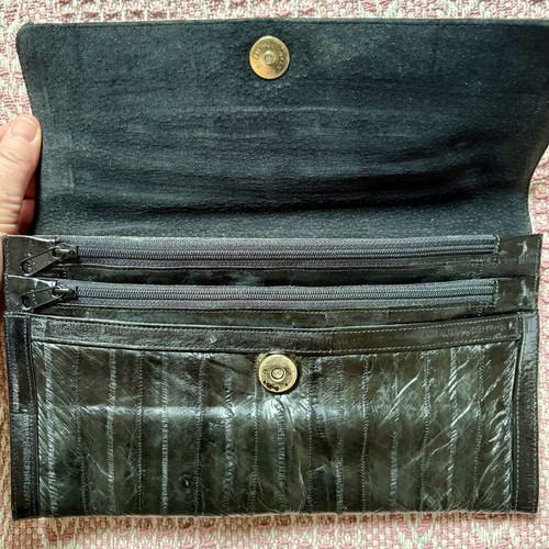 Vtg black eelskin envelope clutch bag night out party purse 10 x 6 inches 1980s - Picture 4 of 4