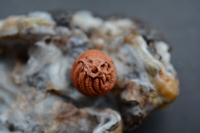 A Hand Carved Peach Pit Amulet Pendant/Bead -Skull with Double Carved-PPB-016