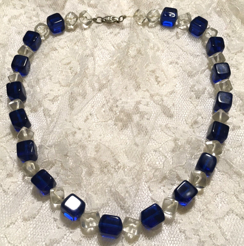 Vintage Glass Bead Necklace Blue Clear Retro Art Deco Mid Century Statement 17"