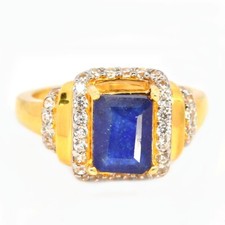 925 STERLING SILVER NATURAL BLUE SAPPHIRE 8X6 MM. WHITE CZ RING SIZE 7