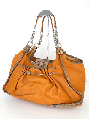Carlos Falchi Hobo Bag Schulter hellbraun camel Leder Schlangenleder doppelte Kettengriffe