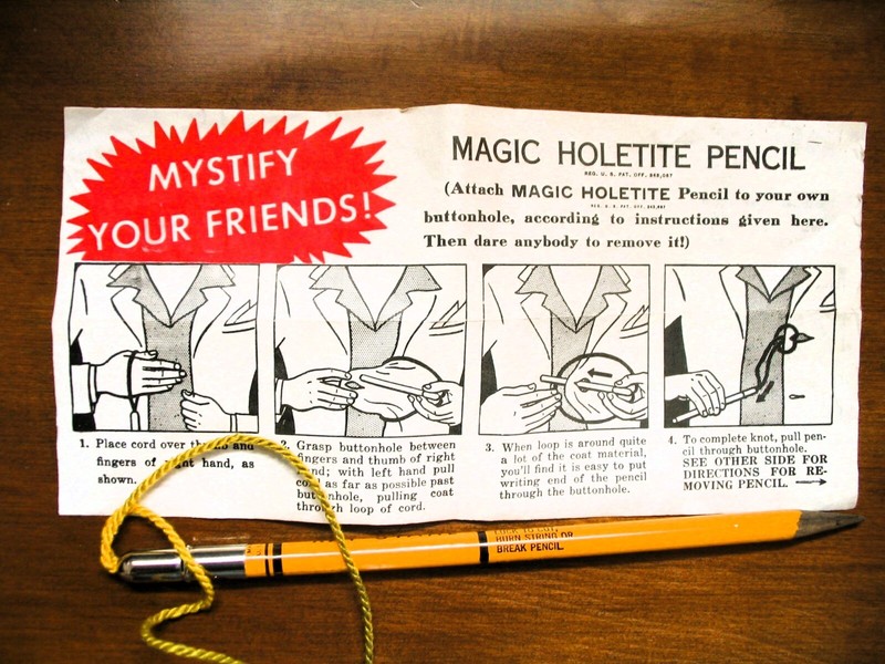 Vintage 1950s Magic Holetite Pencil:  Buttonhole Puzzle w/ Instructions