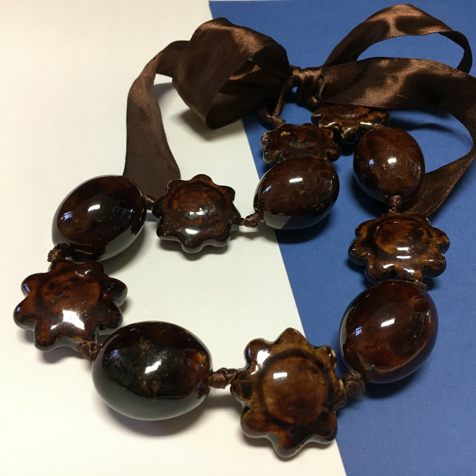 HUGE Chunky Heavy Brown Ceramic Statement NECKLAC… - image 4