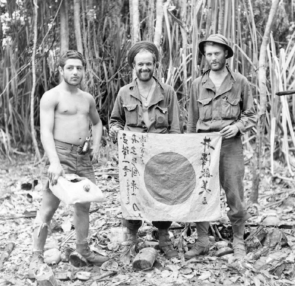WW2 Photo WWII Australian Soldiers Captured Japanese Flag