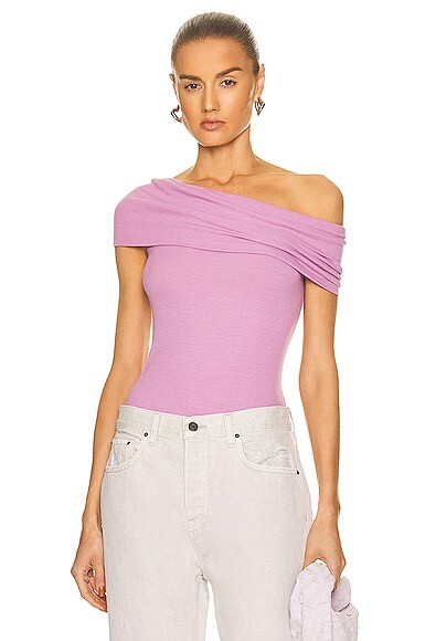 Enza Costa Silk Knit Off The Shoulder Top Orchid Flower Lavender S NWOT $165