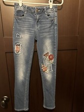 Faded Glory Blue Jeans Girl's Size 12 Distressed Style Embroidered Flowers