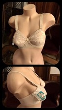 Vintage Bra Padded Lace Beige Nylon Nude Spandex Adjustable Straps 1970s NEW 34B