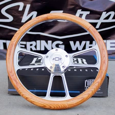 14" Billet Steering Wheel + Adapter for Chevy 69-94 - Oak Wrap + Chevy Horn