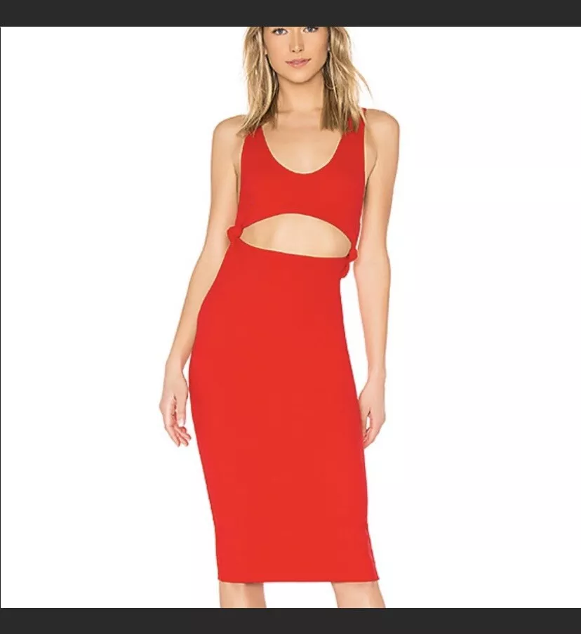 Lovers + Friends XS Red Marta MIDI Dress Knot Cut Out Open Back Revolve Ribbed