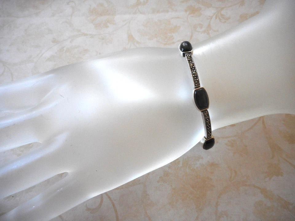 Precioso brazalete de plata de ley de marcasita y eslabones de ónix negro de 7,5" RE33TRE Foto 3 de 4