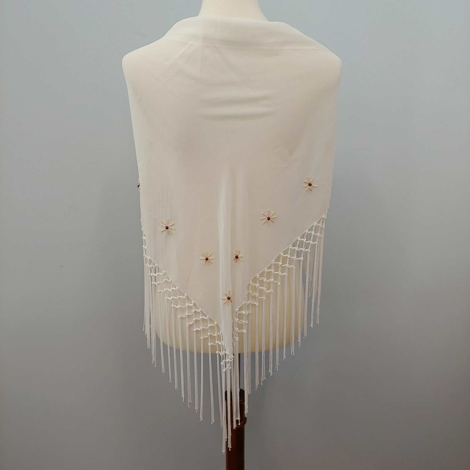 Cream Sheer Wrap, Beads Fringe Echo - image 4