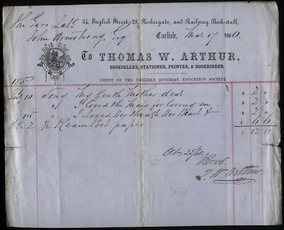 1860 CARLISLE-Thomas Arthur, Bookseller, Printer, English St, Railway Book stall