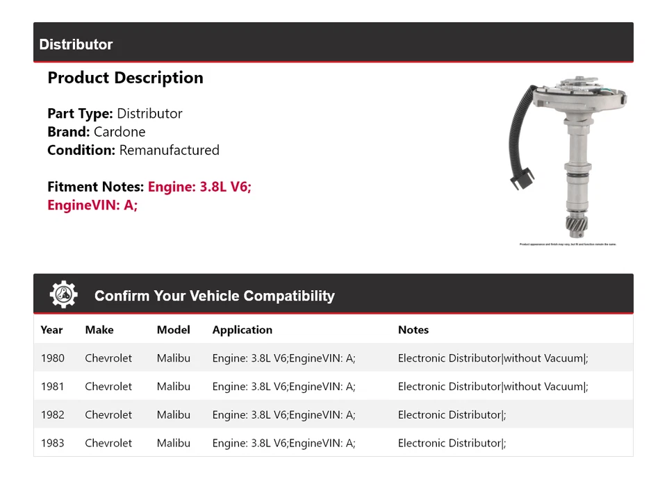 For 1980-1983 Chevrolet Malibu 3.8L V6 Distributor Cardone 1981 1982 - Image 2 of 4